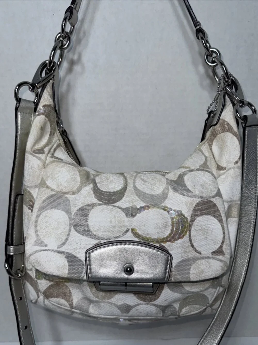 Coach Kristin Signature Hobo White Silver Grey Shoulder Purse Handbag Bag Y2K